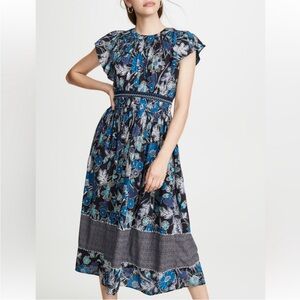 Ulla Johnson Navy and Teal Floral Midi Dress